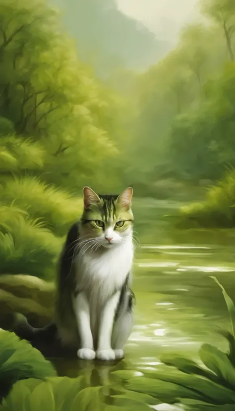 A cat is in a fluid landscape Fluid landscape Fluid landscape Song dynasty fine brushstroke landscape painting rendered in 4D cinema Organic flow forms Gothic landforms and landforms Light green and white Mediterranean landscape Fluid formation