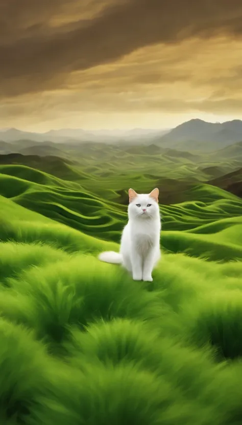 A cat is in a fluid landscape Fluid landscape Fluid landscape Song dynasty fine brushstroke landscape painting rendered in 4D cinema Organic flow forms Gothic landforms and landforms Light green and white Mediterranean landscape Fluid formation