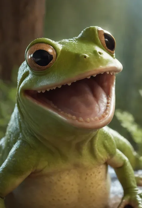 a close up of a cartoon character with a big smile, concept art by Andrew Ferez, behance contest winner, pop surrealism, award winning creature portrait, frogfolk, full color illustration, anthropomorphic creature, humanoid frog monster, dzo, epic full col...