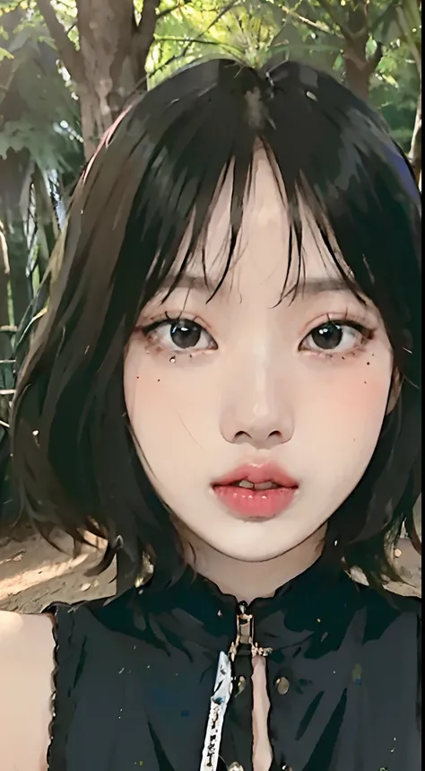 ((Lisa from Blackpink)), t-shirt, tiny pleated skirt, waist-high black tights, high heels, face close-up, very fair skin, short hair, wavy hair, camp, forest, photorealistic, indirect lighting, volumetric light, ray tracing, hyperdetailed, best quality, hi...