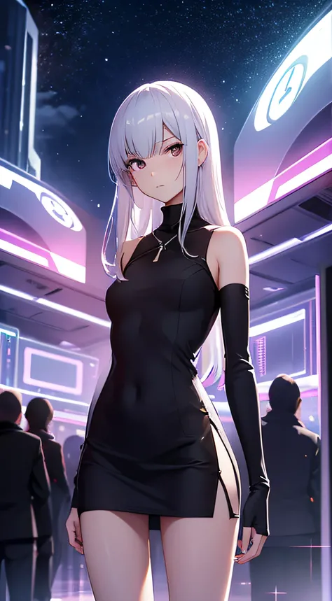 A slender girl in a short dress stands in full growth against the background of a night city of the 23rd century