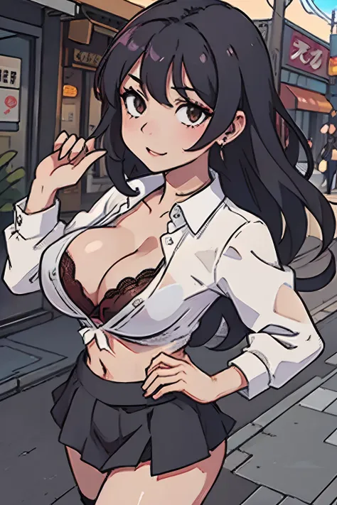 (best-quality:0.8), (best-quality:0.8), perfect anime illustration, waist up portrait of a pretty woman walking through the city, large breasts, (down blouse), nipple peek, cleavage, wearing black lace bra, ((bra under shirt)), bra underneath shirt, bimbo,...