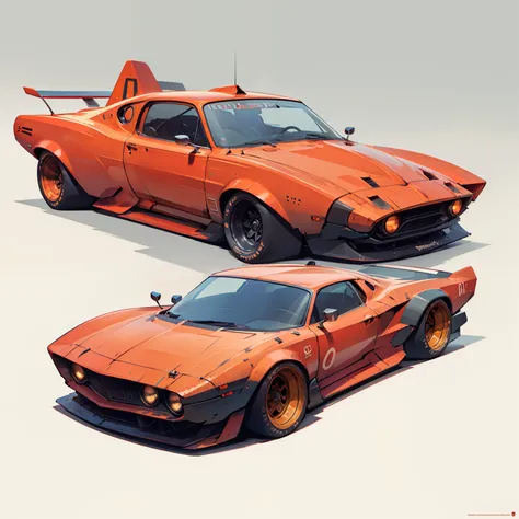 Car Datsan 180-j 1975 orange, There are surfboards on top, Highly detailed illustration.", vehicle illustration, Cartoon style illustration, cartoonish style, hd illustration, hyperdetailed illustration, Vector illustration, hyper real highly detailed, Hig...