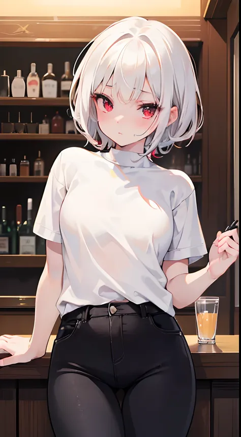 Masterpiece, high resolution, extremely detailed, realistic, 1girl, (((short white hair, brilliant red eyes, soft skin, squishy skin, very cute face:1.2, chubby face))), (((small, short, very young:1.5, in tavern, at bar, very drunk:1.3))), ((red faced, bl...