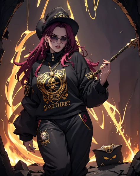 (best quality,4k,8k,highres,masterpiece:1.2),ultra-detailed,realistic, savage evil badass hip hop evil female rapper dark mage occultist wearing fullbody fearfeal intimadating baggy saggy supreme, bape, stylish stussy tracksuit clothes long hair, in a pimp...