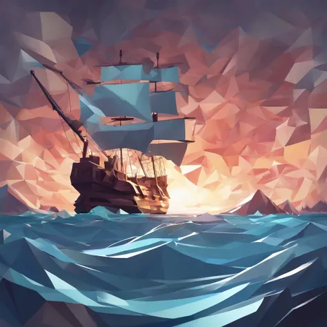 Craft artwork that illustrates divine intervention in the storm and how it affects the ship. High quality 4k, low-poly style