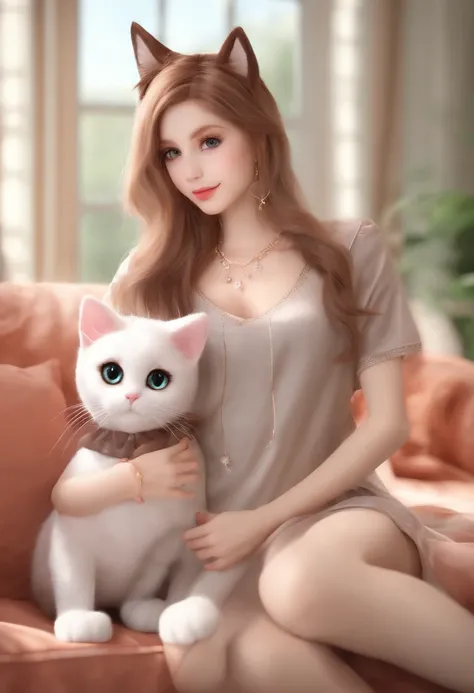 there is a woman sitting on a couch with stuffed animals, beautiful young catgirl, very beautiful cute catgirl, attractive cat girl, she has a cute face, young beautiful amouranth, she has a cute expressive face, pretty face with arms and legs, background ...