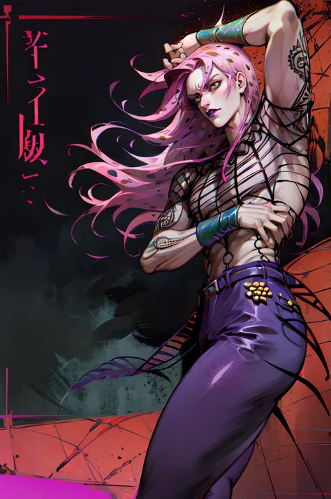 diavolo, purple pants, purple shoes, pink hair, long hair, green eyes, tattoos, arm cuffs, green belt, cowboy shot, 1boy, solo, male focus, pink lipstick, full lips