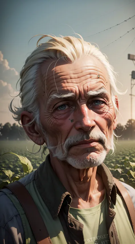 An Old Farmer in a Dystopian Future, struggling to produce food on the crop, controlled by large corporations, We have to deal with chemical pesticides and a lack of natural resources, Dreaming of simpler and more sustainable times.