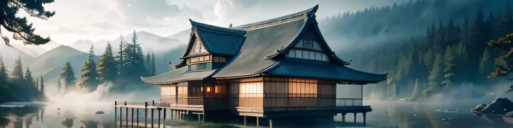 A Japanese house sits on the edge of a reflective pond, shrouded in the mystique of an ancient forest. Surrounded by towering cedar trees, the houses wooden beams and thatched roof harmonize with nature. Shot with a high-end DSLR and a telephoto lens, the ...