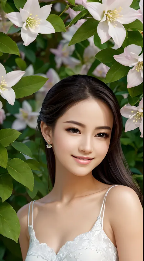 (Best quality,4K,A high resolution,Ultra-detailed,Realistic:1.37),Vivid colors,Sunlight,llight rays,bergamot,white blossoms,Beautiful girl,Exquisite features,Flowing hair,Serene expression,Garden setting,Elaborate dress,Soft sunlight,Gentle breeze,Cheerful...