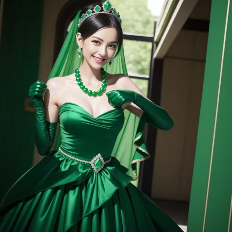 emerald tiara, Green Pearl Necklace, Boyish very short black hair, lipsticks, Japan woman smiling, very short short hair, big breasts beautiful, Green eyes, Long green gloves made of satin material, Green eyes, Emerald Earrings