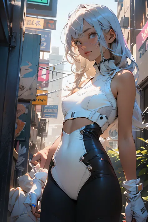 (ciberpunk:1.3) , Stylish slim girl in full growth, is looking at the camera, Against the backdrop of a cyberpunk city at night, white short dress, naked legs,  melancholy lighting, Quiet, Calm, brightness, Masterpiece, Best Quality, 1girl, (JinxLol:1.2), ...