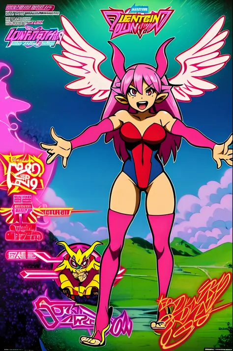 lilith aensland darkstalkers, standing, levitating, wings, pink hair, smiling, demon, leotard,, head wings, flatchest, full body, pantyhose, hornless,feet,sentai, heroine,superhero, standing, full body, solo focus, smile, open mouth, monstergirl, sentai, h...