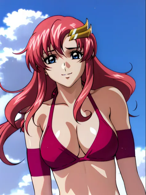 (masterpiece, upper body view, 4K, Best Quality, Anime style: 1.9, , tall, Adult Woman, ultra detailed face, (cloud background), Drawing lines, high resolution, Anime, lacus4), 1girl in, Solo, curvy figure, Long hair, 鎖骨, scapular, Wavy Hair, Detailed wide...