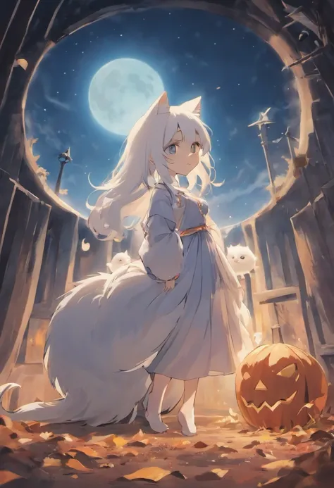 a white cat and a moon in a Halloween seen in a digital art for a YouTube logo