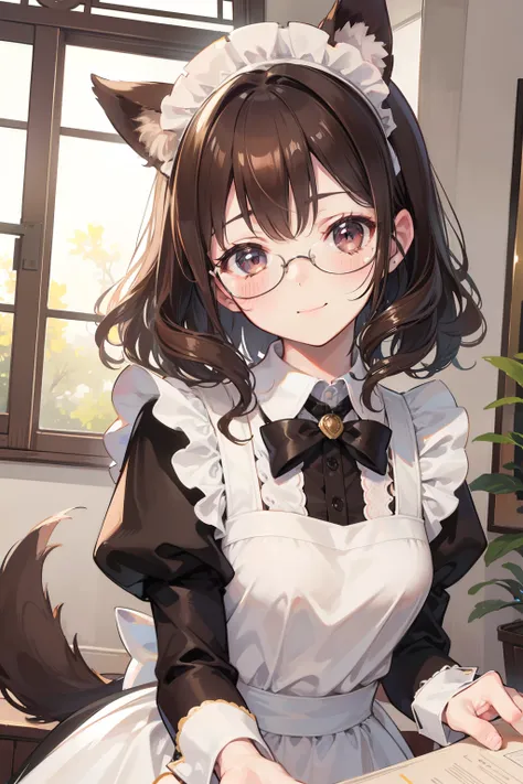 (Best Quality,hight resolution:1.2),upper body, Detailed face,maid, dog ears, Brown hair, Curly hair,smile shy,Adorable,Expressive eyes,Flushed cheeks,Sweet smile,Detailed attractive glasses,Subtle details of maid clothes,Tidy room,Vintage Mansion,From an ...