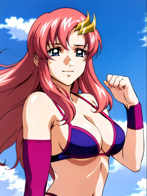 (masterpiece, upper body view, 4K, Best Quality, Anime style: 1.9, , tall, Adult Woman, ultra detailed face, (cloud background), Drawing lines, high resolution, Anime, lacus4), 1girl, Solo, curvy figure, Long hair, 鎖骨, scapular, Wavy Hair, Detailed wide ha...