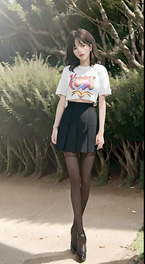 ((Lisa from Blackpink)), t-shirt, tiny pleated skirt, waist-high black tights, high heels, close-up from thighs to face, very light skin, short hair, wavy hair, camp, forest, photorealistic, lighting indirect, volumetric light, ray tracing, hyperdetailed, ...