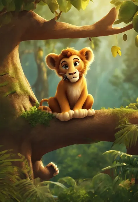 Lion, giraffe,Monkey in a tree,Elephant, tiger,Forest, beautiful nature kids style,animation graphique