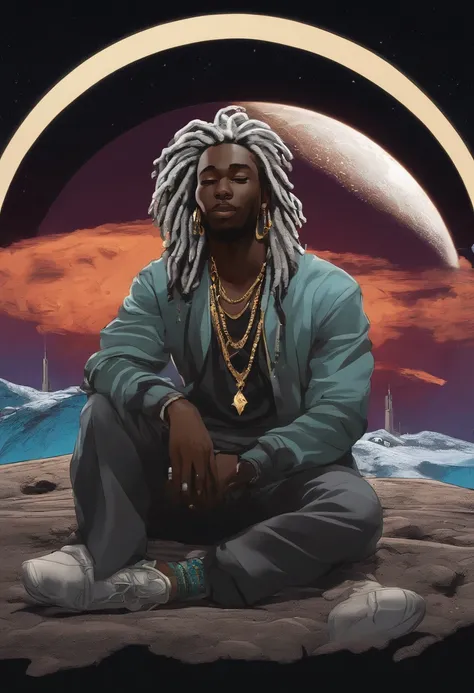 WHite dread head anime badass with gold grills black dude sitting on the moon smoking a blunt with 541 behind the mooon