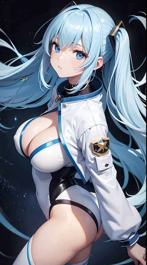 Space Warrior　Girl with long light blue hair　White Leotard Jacket　Open the jacket、Check cleavage　After that, buttocks visible　White panty