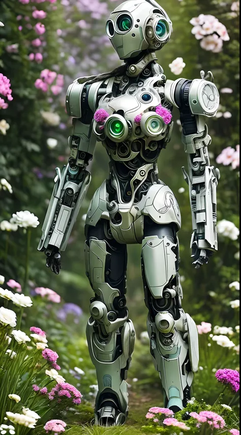 there is a robot walking through a field of flowers, humanoids overgrown with flowers, humanoid flora, in a cyberpunk garden, kind cyborg girl with flowers, porcelain cyborg, mechanical vegetal cyborg, futuristic and ethereal, many mech flowers, symmetry! ...