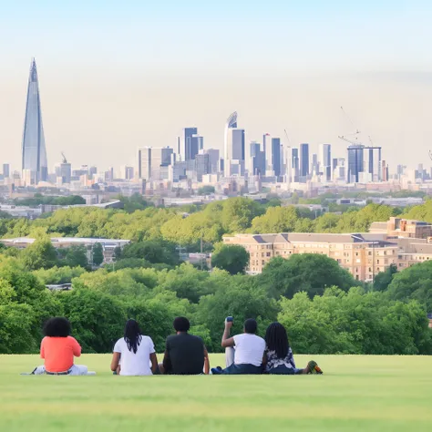 Black and latino people are sitting on the grass in a park with a view of the city, from the distance, view from the distance, skyline in the distance, looking over city, the photo was taken from afar, shot from afar, view over city, from afar, skyscrapers...