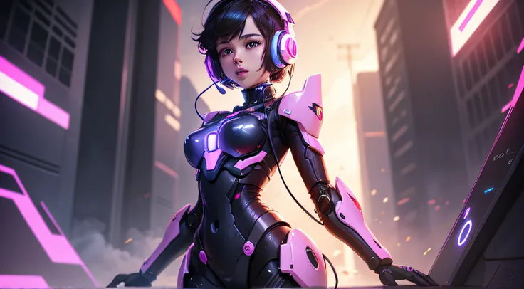 an mecha girl using headphones in right position of composition, music background, neon colors