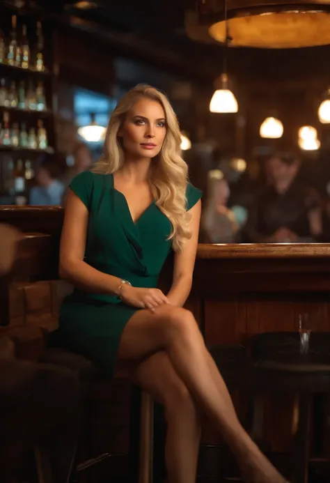 blonde woman, 25 years old, short outfit, realistic, sitting in a bar, looking forward, realistic, 4k, hd.