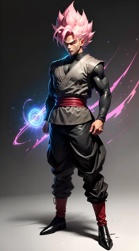 (male), 1man, solo, full body shot, Supreme Super Saiyan, pink hair, black and white clothing, clothing with blue lines, stunning aura, black clothes with gray, lots of Ki energy,