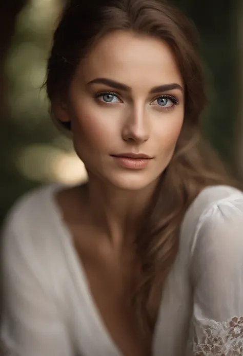 Create an ultra-realistic image of a portrait of a Polish woman with brown hair. She should have distinctive Eastern European features, and her face should showcase precise details such as freckles, fine lines, eyelashes, and other skin textures. The woman...