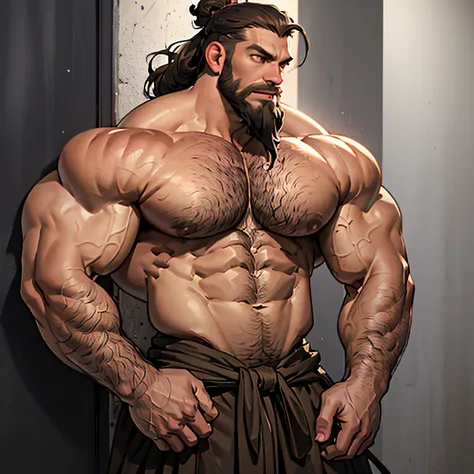 (best quality, masterpiece:1.2), solo, buff man, brown skin, long thick beard, thick beard, viking, shirtless, , manbun, dark hair, muscular, bara, handsome face, night, tone mapped, standing,