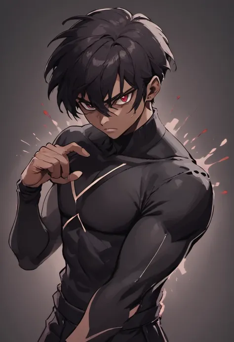 serious dark man, sideways, black hair in black clothes