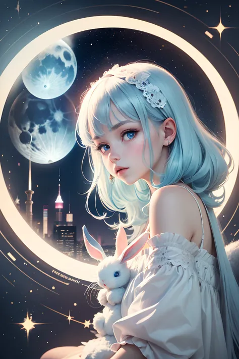 a girl with white to light blue hair and light blue eyes  with a white bunny with a moon in the middle of the bunnys forhead . the girl is in a secene with a moon