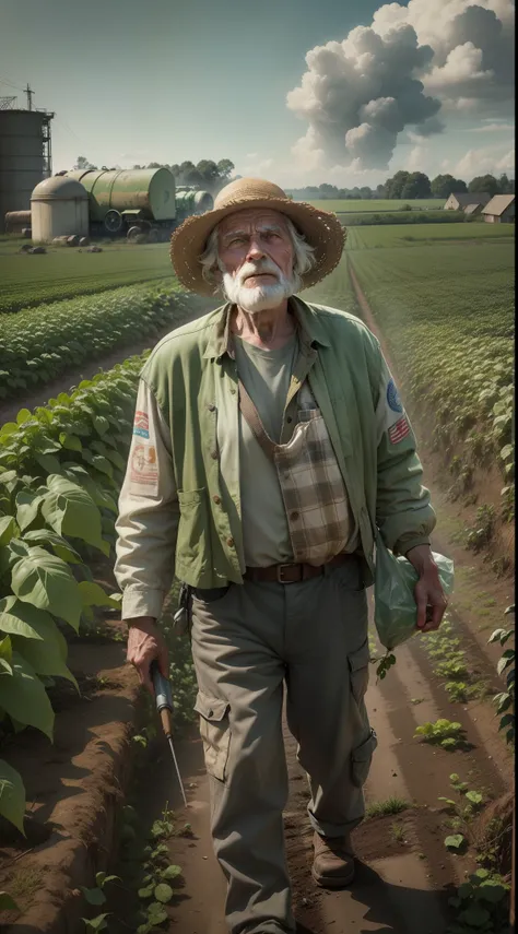 An Old Farmer in a Dystopian Future, struggling to produce food on the crop, controlled by large corporations, We have to deal with chemical pesticides and a lack of natural resources, Dreaming of simpler and more sustainable times.