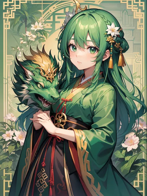 character portrait closeup，sketching，.tchibi，The hair adorns a tree，younge boy，green pupills,full bodyesbian，standing on your feet，Emperor costume，Hanfu，green color，Chinese dragon background，full bodyesbian