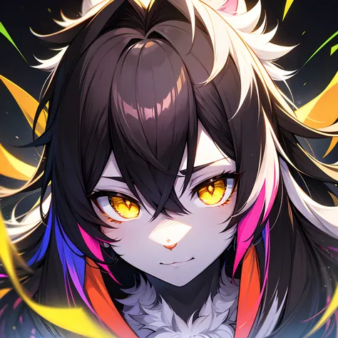 fluffy furry ((male)) cat, with vibrant yellow eyes, with white fur, abstract environment, psychedelic and vibrant colors, face image, (expression of superiority on the face), long black hair, 4k, masterpiece, dark composition, psychedelic lighting