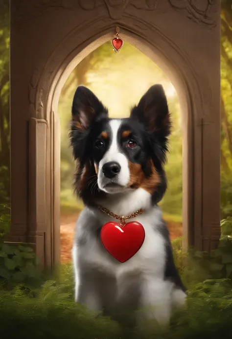 Perfect centralization, dog bonito, Wear a necklace with a heart-shaped ruby, alegria, Standing position looking at a magic door, beleza abstrata,  nearing perfection, Dynamic, altamente detalhado, liso, foco nítido, 8k, high-definition resolution,  fundo ...