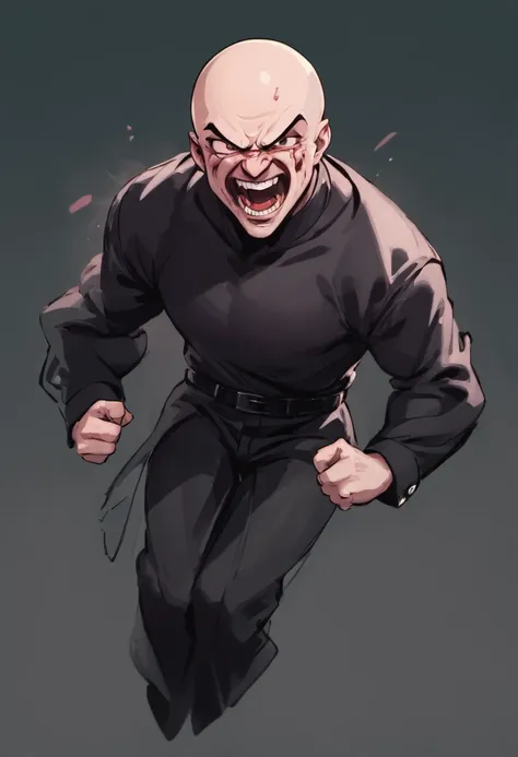 gloomy man laughing, sideways, bald in black clothes