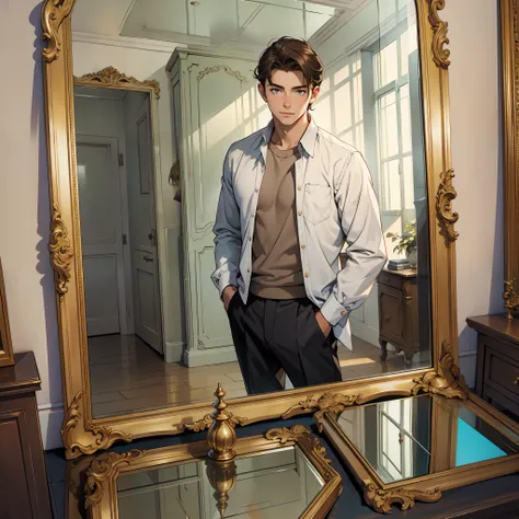 A larger mirror reflected the young brunette man