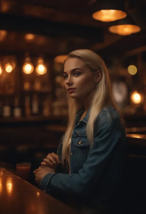 teenage woman wearing short clothes, blonde, sitting in a bar, realistic, 4k, hd