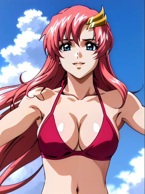 (masterpiece, upper body view, 4K, Best Quality, Anime style: 1.9, , tall, Adult Woman, ultra detailed face, (cloud background), Drawing lines, high resolution, Anime, lacus4), 1girl, Solo, curvy figure, Long hair, 鎖骨, scapular, (Detailed wide hair bangs, ...