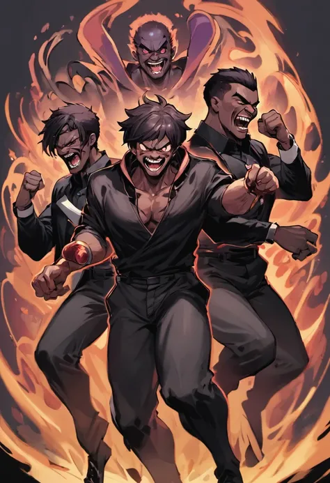 several dark men laughing, in black clothes