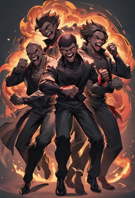 several dark men laughing, in black clothes