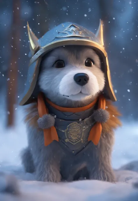 Super cute grey dog wearing a viking helmet in the forest, high detail, winter, night time, falling_snow, snowing, fairy lights, blind box, 3d model