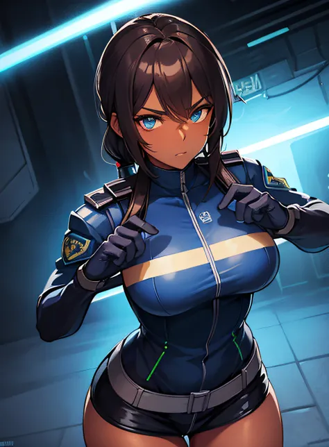 portrait of a stern lean muscular police woman holding a baton with her right hand while having her other hand placed on her hip in the streets of a high tech but dystopian city, futuristic, portrait of police woman, dressed futuristic police uniform equip...