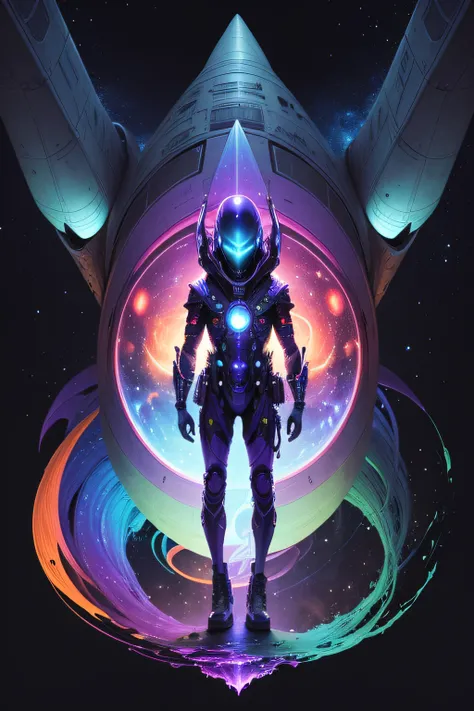 a psychedelic alien who discovers the universe in his complex geometric space shuttle