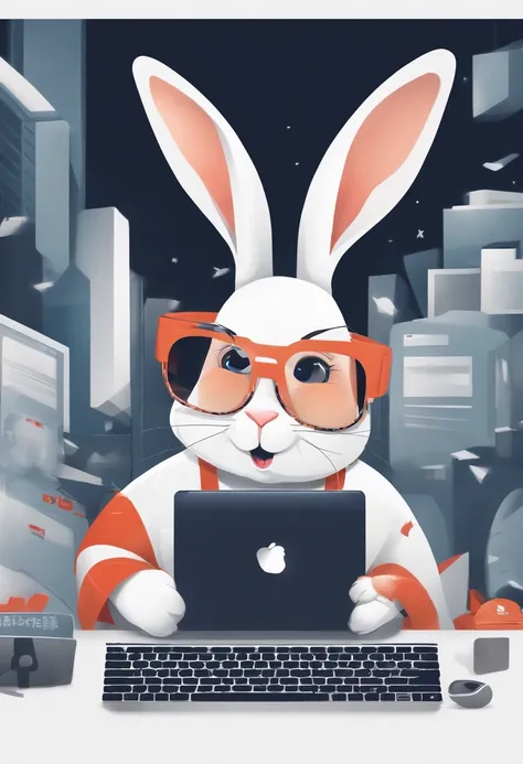 Job Usa。Rabbit character。Instagram icon、Job、part time job。Rabbit with a personal computer。illustratio。White background。Large in the middle。