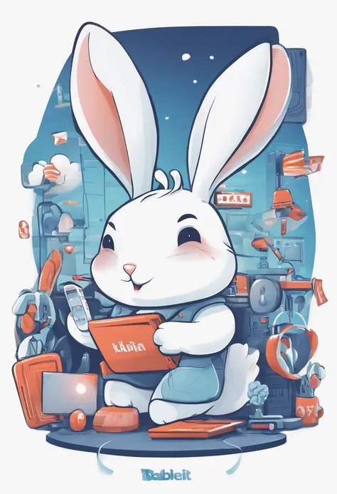 Job Usa。Rabbit character。Instagram icon、Job、part time job。Rabbit with a personal computer。illustratio。White background。Large in the middle。